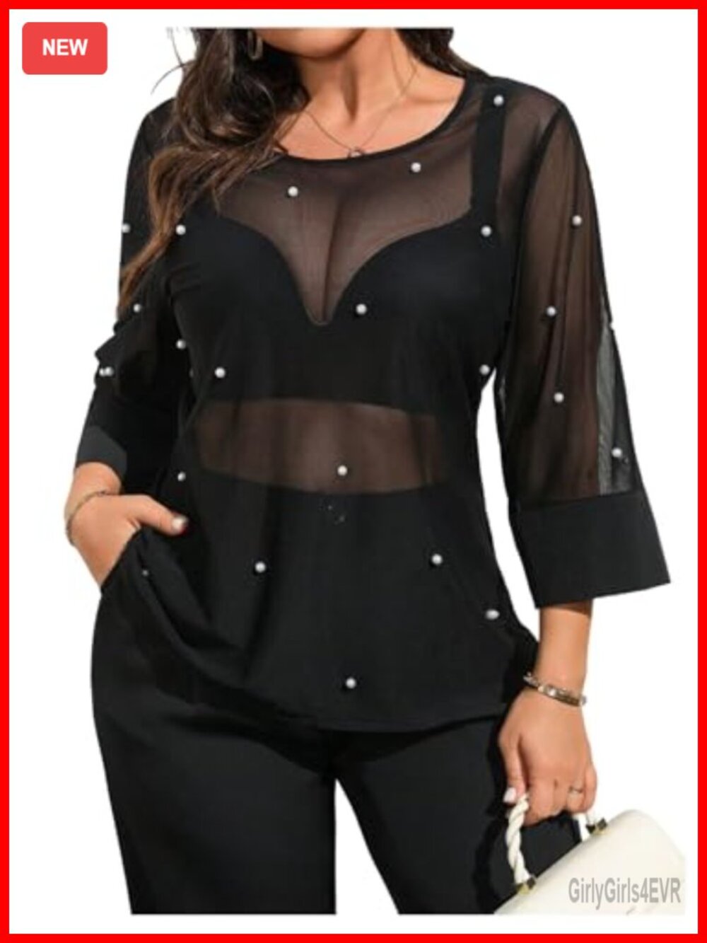 Plus Size Mesh Top 3/4 Sleeve Round Neck Pearl Beaded Sheer Blouse